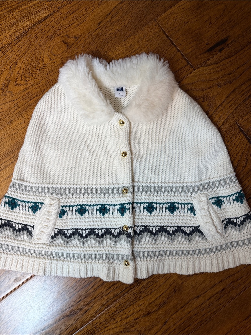 Janie and Jack Cream Knit Cape with Teal & Gray Fair Isle Trim